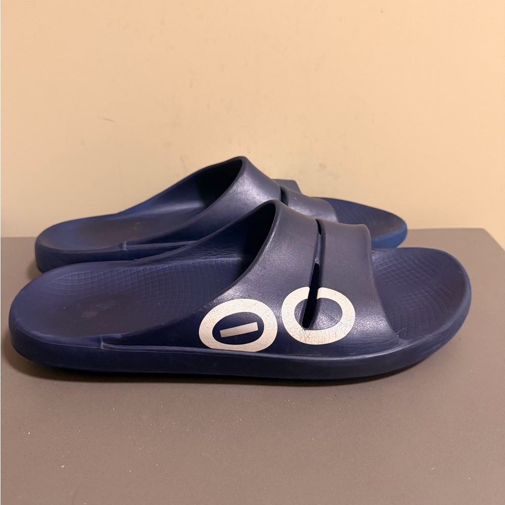 OOFOS Navy Blue Slide Sandals with White Logo